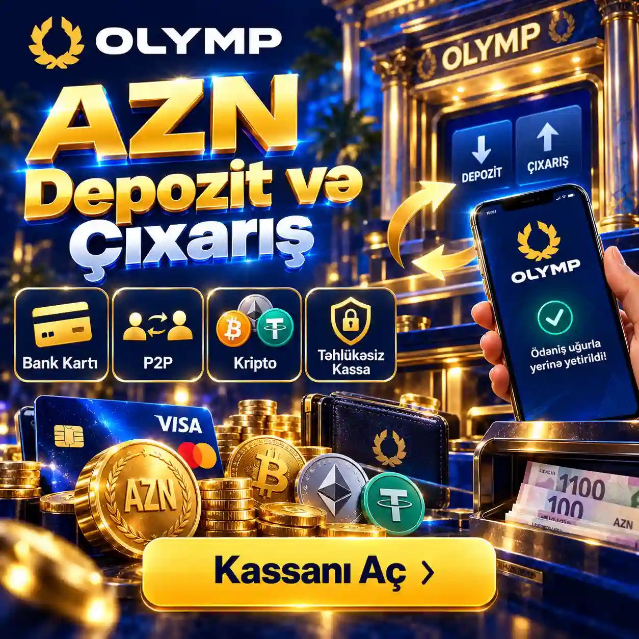 Olimp Casino AZN depozit və çıxarış bank kartı P2P və kripto