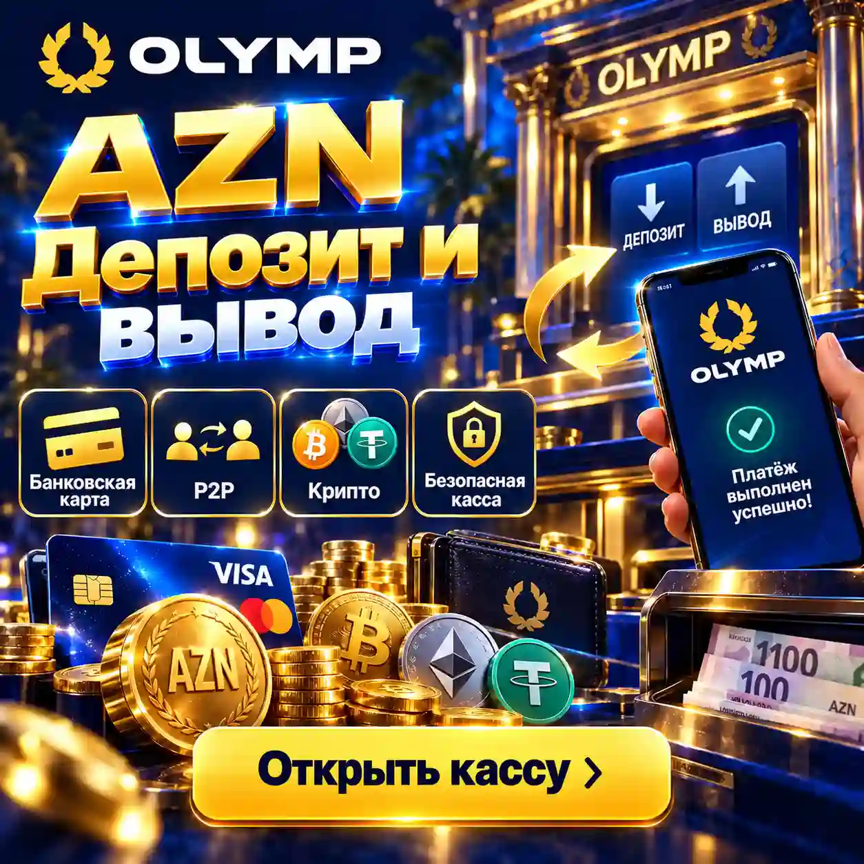 Olimp Casino депозит и вывод в AZN банковская карта P2P и криптовалюта