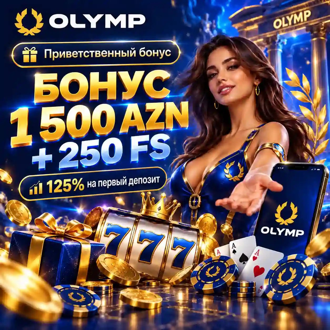 Olimp Casino бонус 125 процентов до 1500 AZN и 250 бесплатных вращений